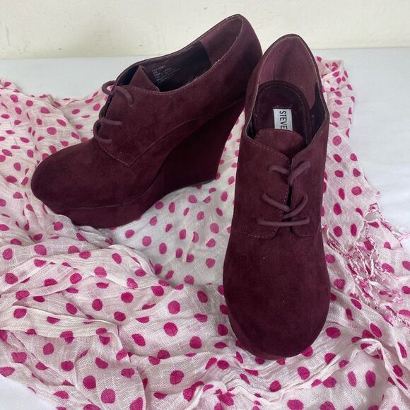 Steve Madden Burgundy Platform retro Wedge Shoes sz 9M faux suede - Picture 2 of 8